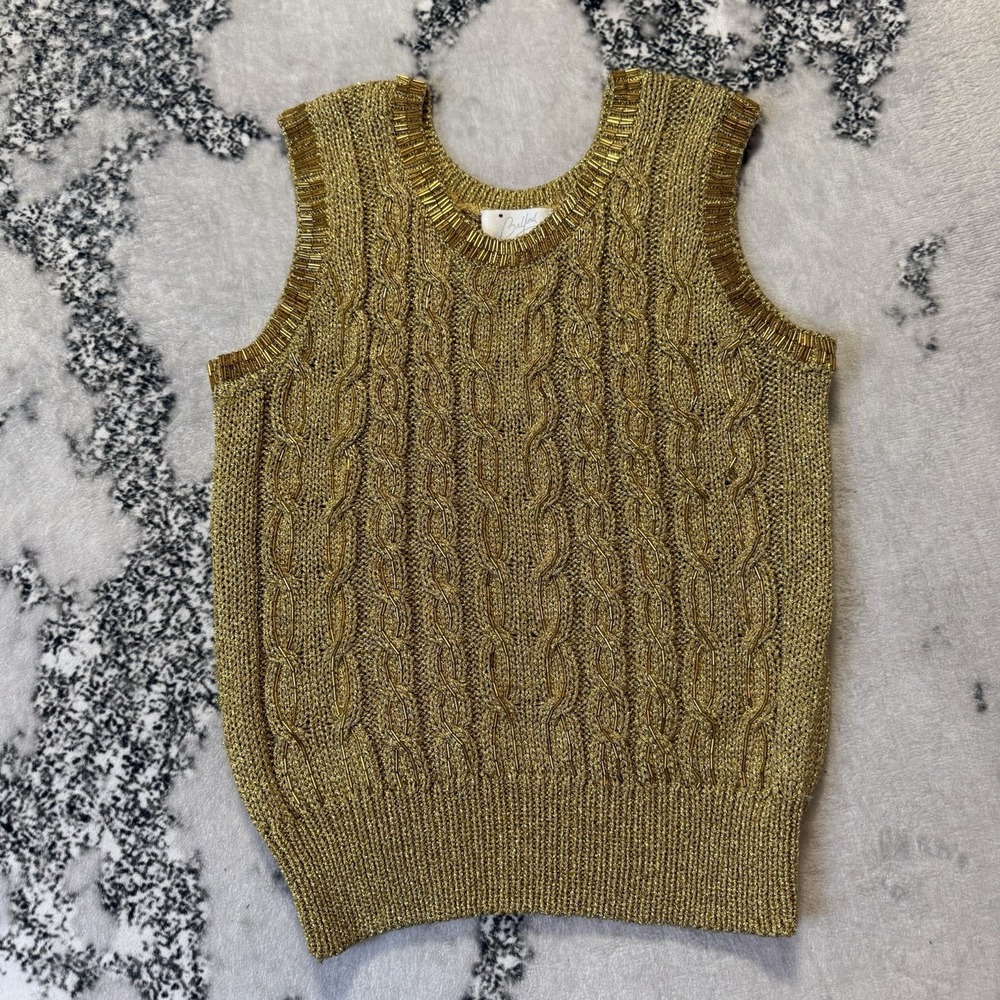 Belford Vest Womens Size L Golden Shimmering Beaded Cable‎ Knit Sweater Light